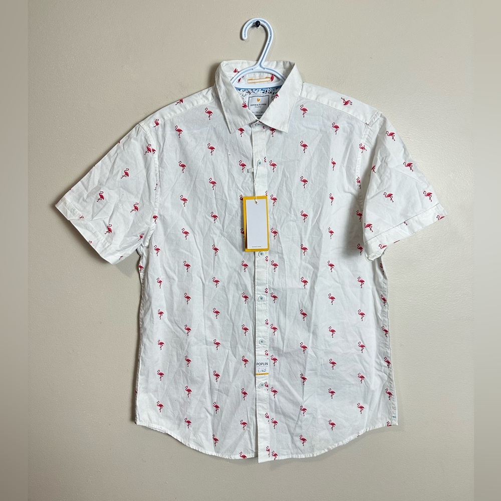Denim & Flower Size L White Flamingo Print Men's Shirt